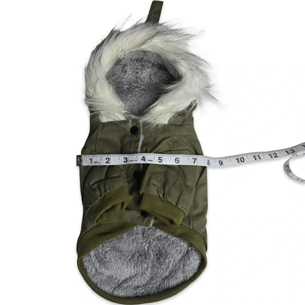 Dog Parka Jacket Medium Olive Green Faux Fur Hood Fleece Lined